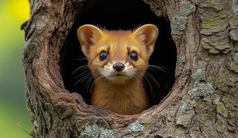 A small animal is peeking out of a hole in a tree. The animal is brown and has a curious expression on its face photo