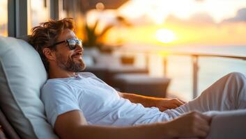 A man is sitting on a chair with his arms crossed and sunglasses on. He is smiling and enjoying the view of the ocean photo