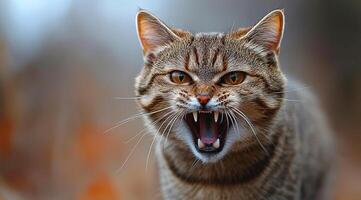 A cat with its mouth open and teeth bared, looking angry. The cat is standing in a field of leaves photo