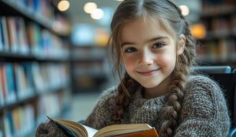 A young girl is sitting in a library with her head tilted to the side and a book in her lap. She is smiling and she is enjoying herself photo