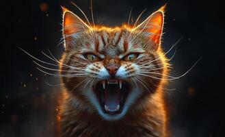 A cat with its mouth open and teeth bared, looking angry. The cat's fur is orange and black, and it has a menacing look on its face photo