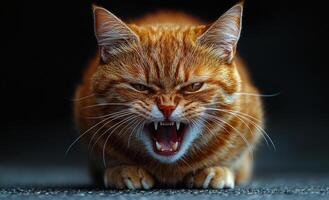 A cat with its mouth open and teeth bared, looking angry. The cat is orange and has a striped pattern photo