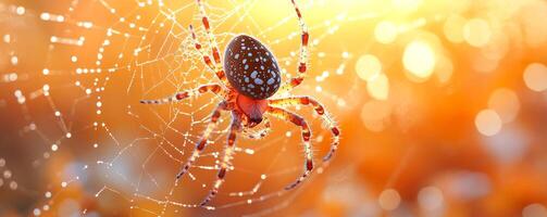 A spider is sitting on a web. The spider is brown and red. The web is orange and has a blurry background photo