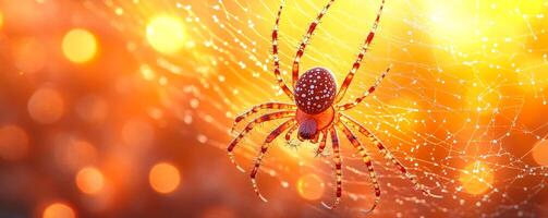 A spider is on a web with a yellow background. The spider is small and brown. The web is very thin and delicate photo