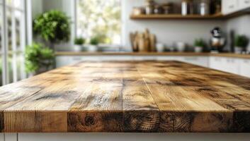 A wooden counter top with a view of the kitchen. The counter top is brown and has a natural look photo