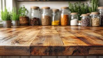 A wooden counter top with a variety of spices and herbs in jars. The jars are arranged in a way that they are easily accessible and visible. The counter top has a rustic and homey feel to it photo