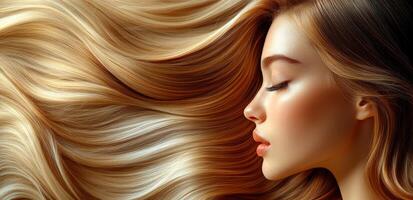 A woman with long blonde hair is shown in a blurry image. The hair is styled in a way that it is flowing and has a lot of volume. The woman's face is also blurred photo