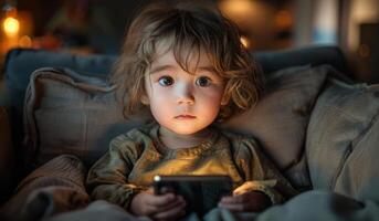 A young girl is sitting on a couch with a tablet in her hand. She is looking at the screen with a curious expression on her face photo