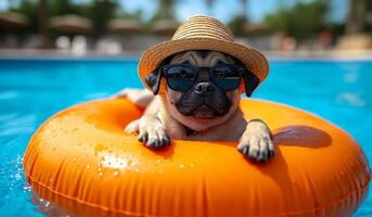 A small dog is wearing sunglasses and a straw hat while floating on a pool float. The dog appears to be enjoying the water and the sun photo
