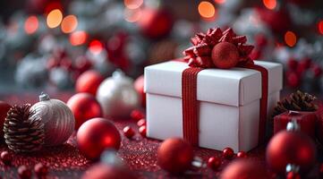 A white box with a red bow sits on a table with many red and white Christmas ornaments photo