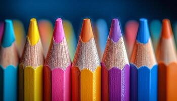 A row of pencils with different colors. The pencils are lined up in a row, with the yellow pencil in the middle photo