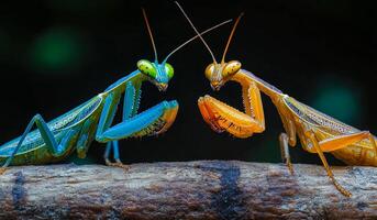 Two mantis insects are standing on a branch, one is green and the other is orange. The insects are facing each other, and their colors contrast against the dark background photo
