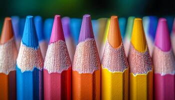 A row of pencils with different colors and one of them is yellow. The pencils are lined up next to each other photo