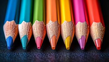 A row of colored pencils with a blue tip. The pencils are lined up in a row, with the blue tip of the first pencil pointing to the right photo