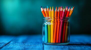 A jar full of colorful pencils on a wooden table. The pencils are arranged in a rainbow pattern, with the colors ranging from red to yellow to green. The jar is placed on a blue surface photo