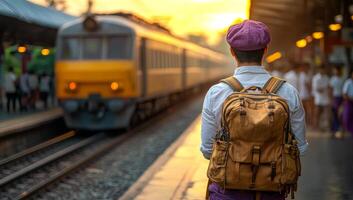 A man wearing a purple hat and a brown backpack is standing in front of a train. The train is yellow and has a red light on it. The man is looking at the train, and there are other people around him photo