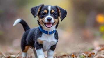 A small dog with a blue collar is standing on a grassy area. The dog is smiling and he is happy photo