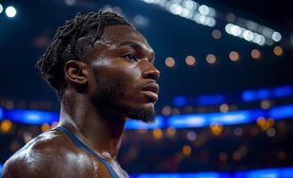 A man with a beard and dreadlocks is sweating in a boxing ring. He looks tired and exhausted photo