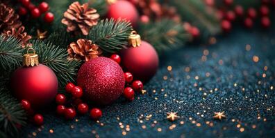 A Christmas tree with red ornaments and pine cones. The tree is surrounded by a blue background photo