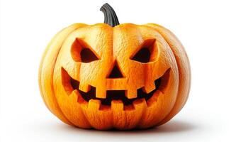 A pumpkin with a scary face carved into it. The pumpkin is orange and has a black stem photo