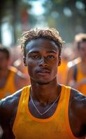 A man with a necklace and a yellow tank top is standing in a crowd. The man is sweating and looking at the camera photo