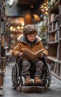 A young boy in a wheelchair is reading a book. The scene is set in a library, with many books visible in the background. The boy appears to be enjoying his time reading, and the atmosphere is calm photo