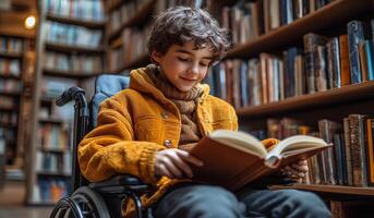 A young boy in a wheelchair is reading a book in a library. He is smiling and he is enjoying himself photo