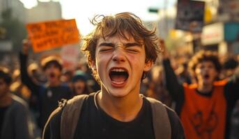 A young man is in the middle of a crowd of people. He is yelling and he is very passionate about the cause photo