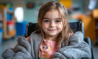 A young girl in a wheelchair is smiling and wearing a gray sweater. The scene is set in a room with a chair and a few other objects photo