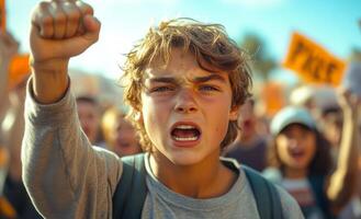 A young man is holding his fist up in the air in front of a crowd of people. Scene is one of protest and determination photo