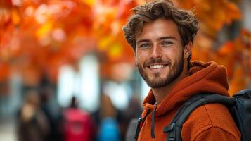 A man with a backpack and a smile on his face. He is wearing an orange hoodie photo