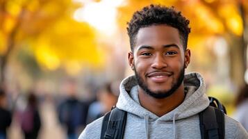 A young man with a beard and a hoodie is smiling for the camera. He is wearing a backpack and he is in a public area photo
