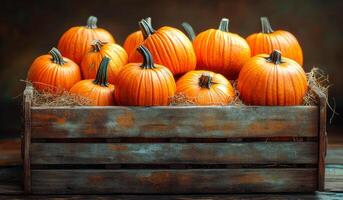 A wooden crate filled with pumpkins. The pumpkins are orange and have a stem photo