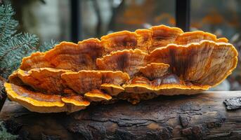 A large mushroom with orange and brown spots sits on a log. The mushroom is surrounded by green leaves and branches photo