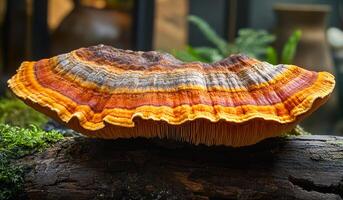 A large mushroom with orange and brown colors. It is on a log. The mushroom is very large and has a lot of detail photo