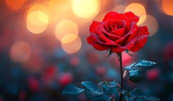A red rose is the main focus of the image, with a blurry background and a blue sky. The rose is surrounded by water droplets, giving it a fresh and vibrant appearance. Scene is one of beauty photo