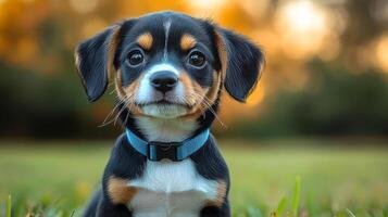 A small brown and white dog with a blue collar is sitting on the grass. The dog has a curious expression on its face photo