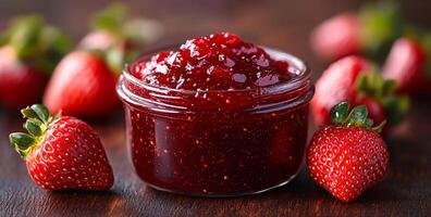 A jar of strawberry jam is sitting on a wooden table next to a bunch of strawberries. The jar is filled with a deep red sauce, and the strawberries are fresh and ripe. Concept of warmth and comfort photo
