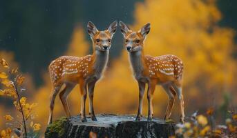 Two deer standing on a log in a forest photo