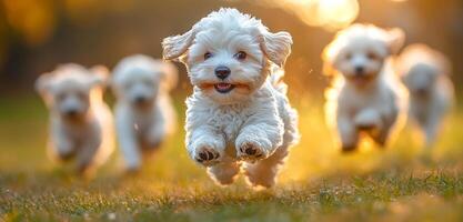 A group of puppies are running in a field. Scene is joyful and playful photo