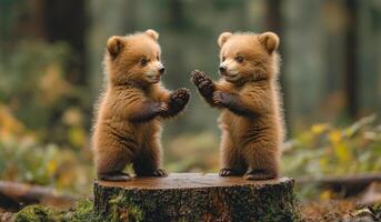 Two baby bears standing on a log, one of them is holding the other one. The scene is playful and cute photo