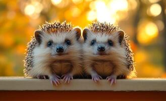 Two baby hedgehogs are standing on a ledge, looking at the camera. The image has a warm and friendly mood, as the hedgehogs seem to be enjoying the attention photo