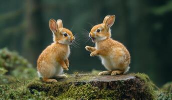 Two baby rabbits are standing on a mossy log, one of them is making a funny face photo