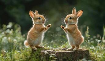 Two baby rabbits standing on a log, one of them is holding its paw up. Concept of playfulness and innocence, as the rabbits are engaging in a friendly interaction photo