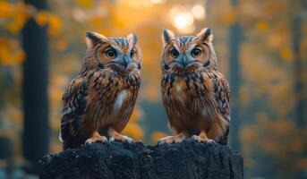 Two owls are sitting on a log in a forest. The owls are looking at the camera photo