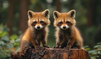 Two baby raccoons sitting on a log in the woods. They are looking at the camera with their eyes closed photo
