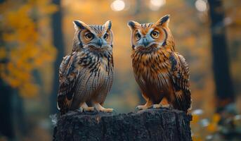 Two owls are sitting on a log in a forest. The owls are looking at the camera photo