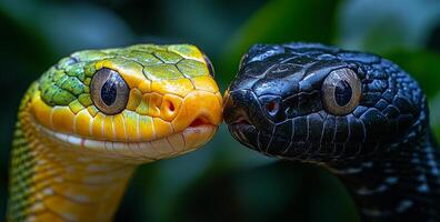 Two snakes are shown with their heads together, one is green and the other is black. The snakes are in a natural setting, surrounded by greenery photo