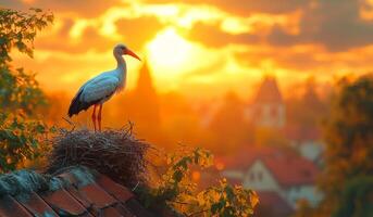 A white bird is perched on a nest in a tree. The sun is setting in the background, casting a warm glow over the scene. The bird appears to be looking out over the city below, taking in the view photo