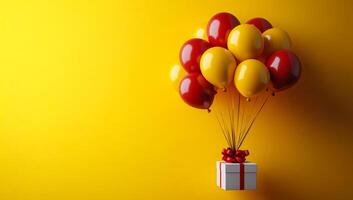 A bunch of balloons are floating above a white box with a red ribbon. The balloons are red and yellow, and they are scattered all over the box. Concept of celebration and joy, as the balloons photo